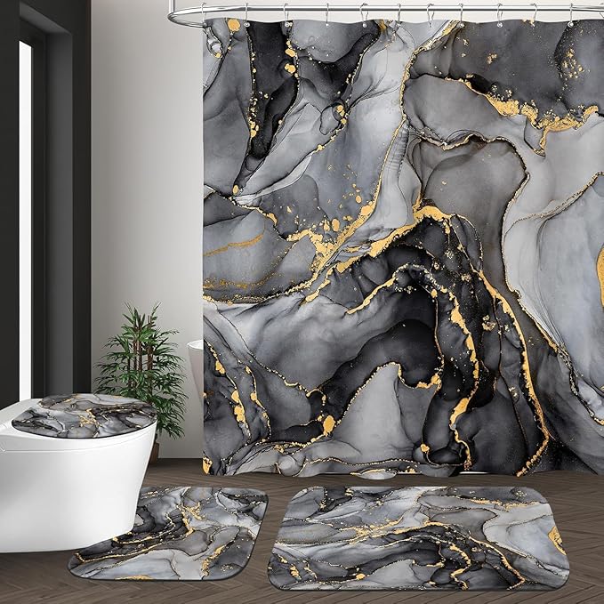 4 Pcs Black Marble Shower Curtain Sets with Rugs Gold Bathroom Sets with Shower Curtain and Rugs Modern Abstract Bathroom Decor Accessories Shower Curtains for Bathroom Toilet Lid Cover