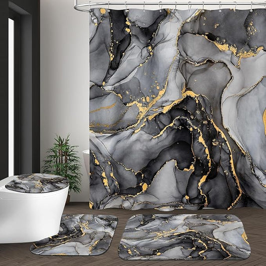 4 Pcs Black Marble Shower Curtain Sets with Rugs Gold Bathroom Sets with Shower Curtain and Rugs Modern Abstract Bathroom Decor Accessories Shower Curtains for Bathroom Toilet Lid Cover