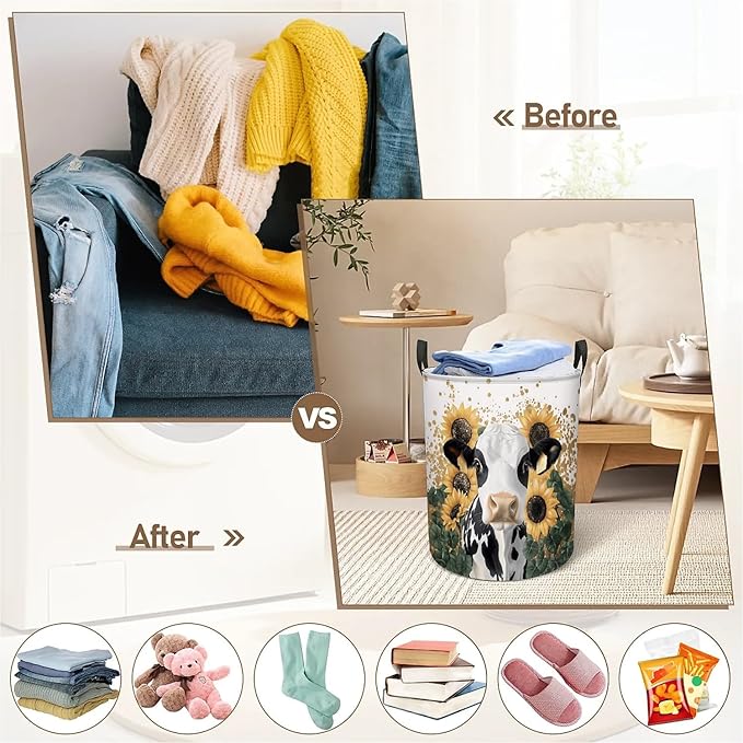Cow Sunflower Laundry Basket, Large Canvas Collapsible Organizer Storage Basket for Nursery,Office,Toy Organizer,Home,Decor - 19.7" X 15.7 "