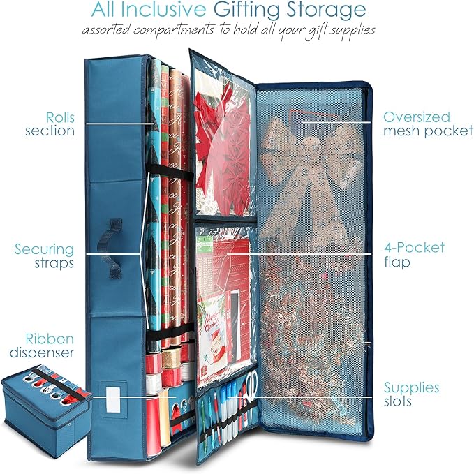 Hearth & Harbor Wrapping Paper Storage Container - Christmas Storage Bag with Ribbon Dispenser and Interior Pockets - Gift Wrap Organizer Fits Up to 26 Rolls of 40" Length, Blue