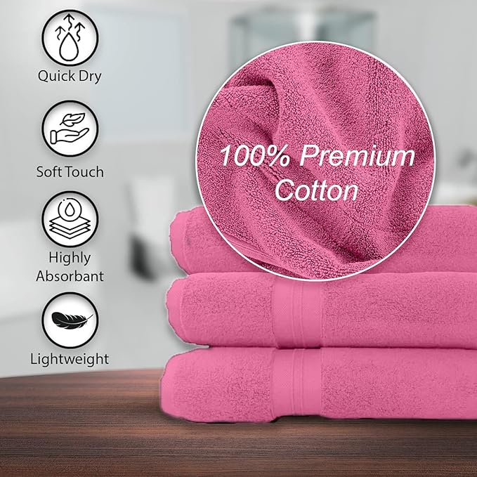 100% Cotton Bath Towels, 24x48 Pack of 6 Towels, Quick Dry, Highly Absorbent, Soft Feel Towel, Gym, Spa, Bathroom, Shower, Pool, Luxury Soft Towels (Pink, 24x48-6 Pack)