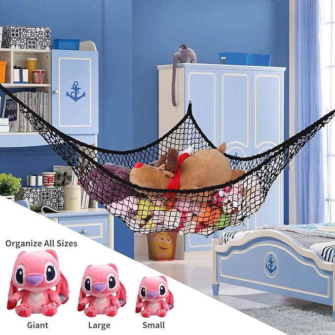 Stuffed Animal Hammock, Toy Hammock Storage Net, LXUNYI Mesh Toy Net Holder Jumbo Wall Corner Giant Baby Kids Children Stuff animals Hammocks Net Organizer for Bedroom (Black, 84 inch)