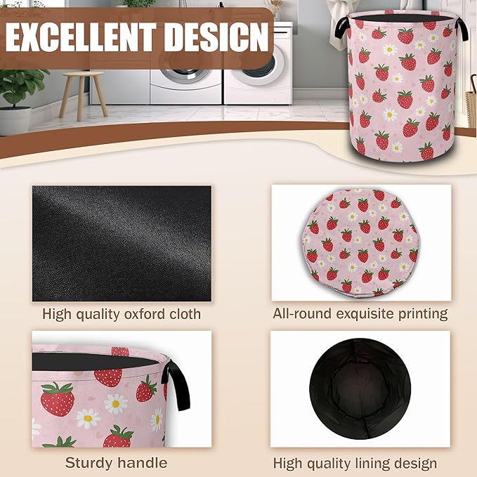 Laundry Hamper,Strawberry Groovy Floral Collapsible Laundry Baskets Waterproof Oxford Cloth With Handles,Clothes Storage Bucket Toy Organizer For Bathroom/Nursery/Bedroom 16" x 20.8"