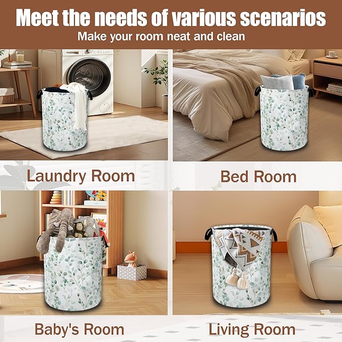 Green Floral Leaves Laundry Hamper,Tropical Plant Laundry Baskets,Waterproof Oxford Cloth Toy Storage for Bedroom,Bathroom,Nursery,16x20.8 Inch