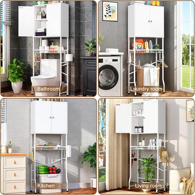 Over-The-Toilet Storage Rack, 4-Tier Bathroom Organizer Shelf Over Toilet with Barn Doors Cabinet and Basket, Freestanding Space Saver Wooden Bathroom Shelves with Paper Holder Above Toilet (White)