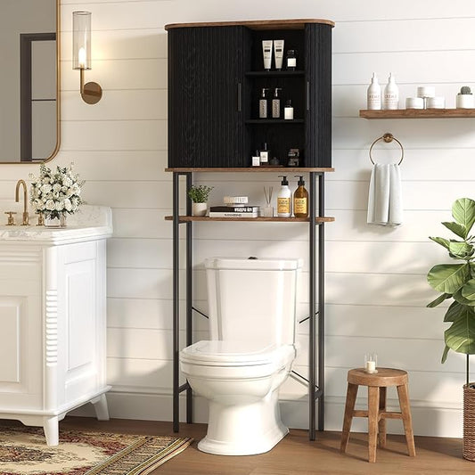 Over The Toilet Storage Cabinet with 2 Sliding Door, Adjustable Shelf Bathroom Organizers and Storage with Anti-Tip Device, Waterproof, Space Saver for Bathroom, Restroom, Laundry, Black