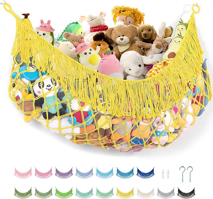 Stuffed Animal Hammock - Extra Large 63'' Long, Stuffed Animal Storage, stuffed animal Holder net, Hammock Large, Storage Hanging Organizer - Lemon yellow