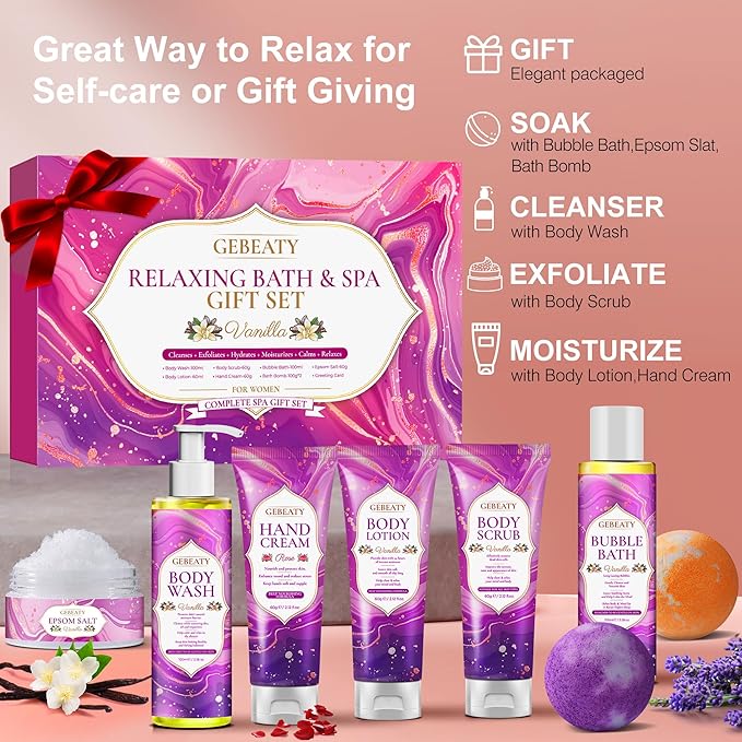 Spa Bath Sets for Women Gift,Stress Relief & Relaxing Body Wash Bath Set,Vanilla Home Spa Basket Gifts Set for Woman Mom Wife Her Sister,Unique Self Care Womens Gift ,Birthday Valentines Gifts Women