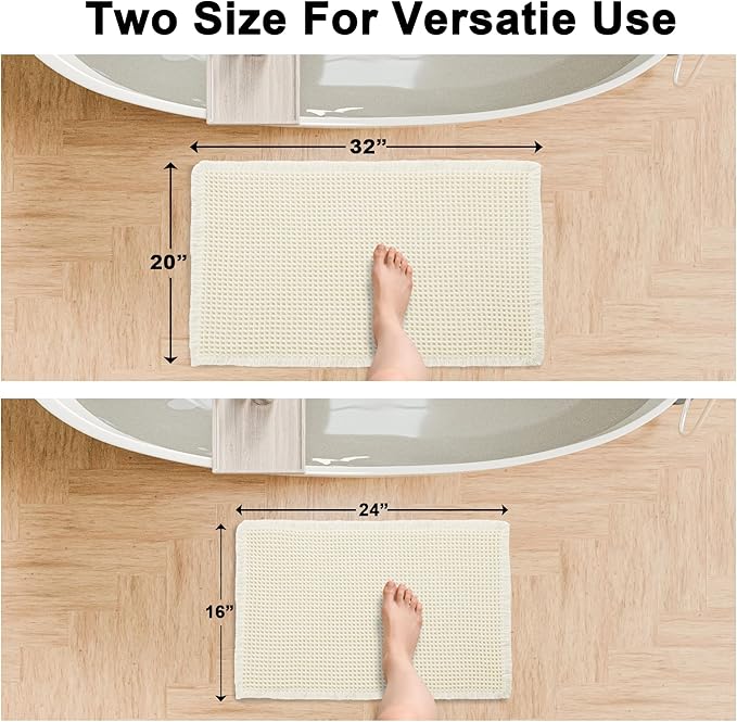Hiasan Set of 2 Waffle Bath Mat, Super Absorbent Non Slip Bathroom Boho Rug with Tassels, Machine Washable Bath Mats for Bathroom, Ultra Soft Rubber Backed Rug, White, 16" x 24" + 20" x 32"