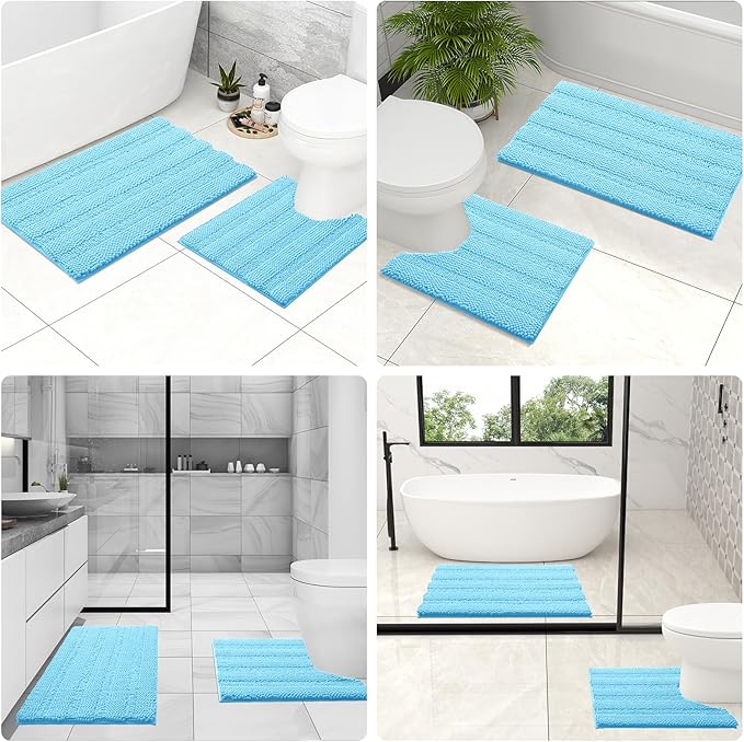 Grandaily Chenille Striped Toilet Rugs U-Shaped 24x20, Extra Soft and Absorbent Bathroom Rugs, Non-Slip Plush Shaggy Bath Rug, Machine Washable Contour Bath Mats for Toilet Base, Blue