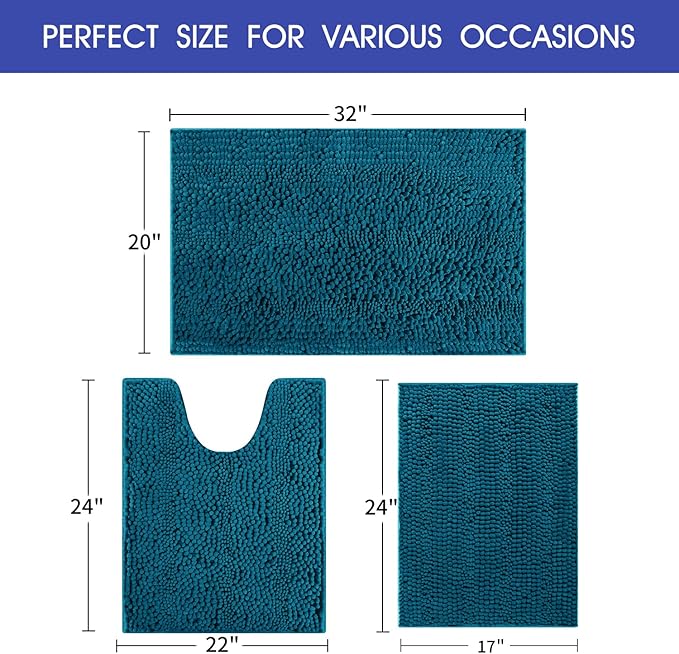 ACCUMTEK Comfydew Striped Teal Blue Bathroom Rug Set 3 Pieces Ultra Soft, Non Slip Chenille Toilet Mat, Absorbent Plush Shaggy Bath Mats for Bathroom, Bedroom, Kitchen