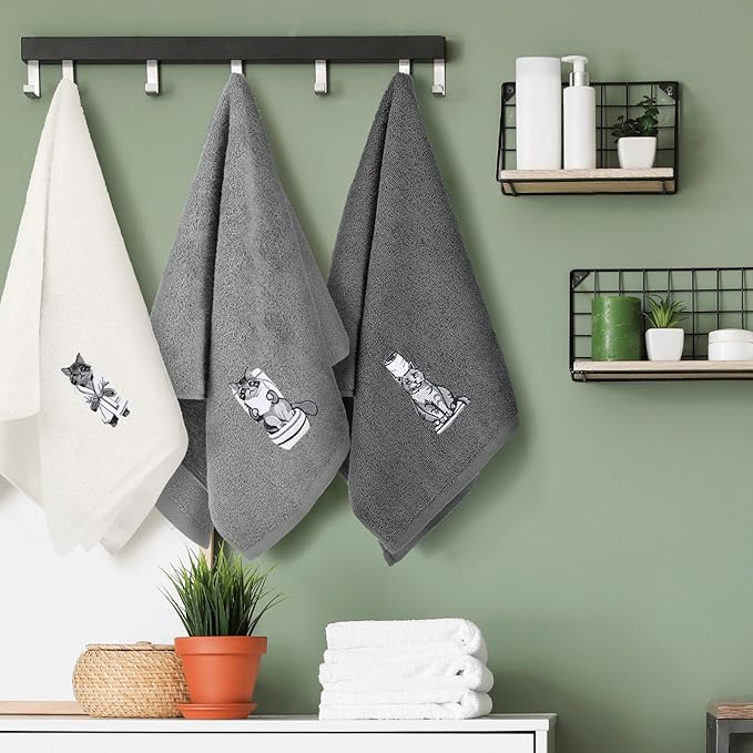 3 Pcs Cat Bathroom Hand Towels Set Cute Black Cat Embroidered Decorative Funny Kitchen Towels 100% Cotton Embroidery Farmhouse Decor for Bathroom Kitchen 13.3 x 29.5''