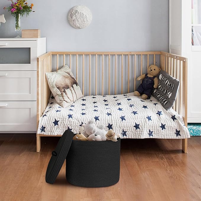 Storage Basket with Lid, 15” x 13” Lidded Blanket Basket Living Room, Black Woven Baskets for Storage, Nursery Kids Cotton Rope Toy Bin Box with Cover, Wicker Laundry Basket Pillow Holder