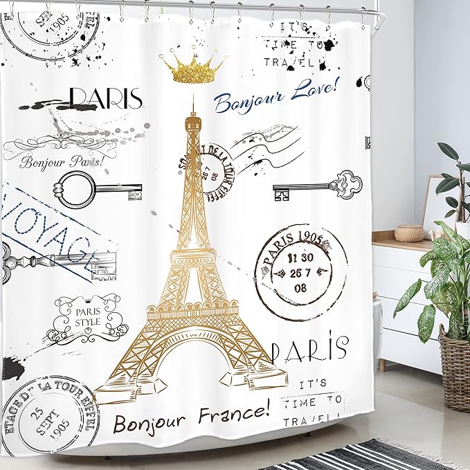 Homewelle Pairs Eiffel Tower Theme Shower Curtain for Bathroom Neutral French 60Wx72H Golden Lettering European France Crown Post Card Retro Stamp Modern Waterproof Polyester Fabric Bathroom Bathtub