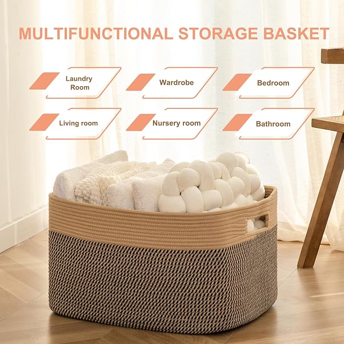 75L Large Blanket Basket, Toy Basket Bin for Kids, Cotton Rope Woven Storage Basket for Living Room, Bedroom, Nursery, Baby Room Decorative Organizer, 22''×17''×12'', Brown & Black