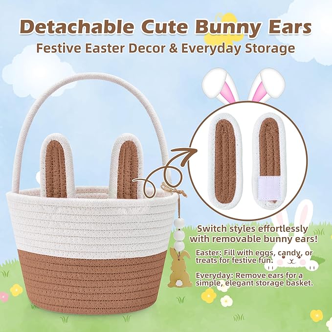 Easter Baskets for Kids, Small Bunny Personalized Easter Basket Empty with Handle, Basket Name Tags, Woven Rope Baby Easter Egg Baskets for Babies Girls Boys Toddler Infant, 8.7" x 6.9" x 6.3"