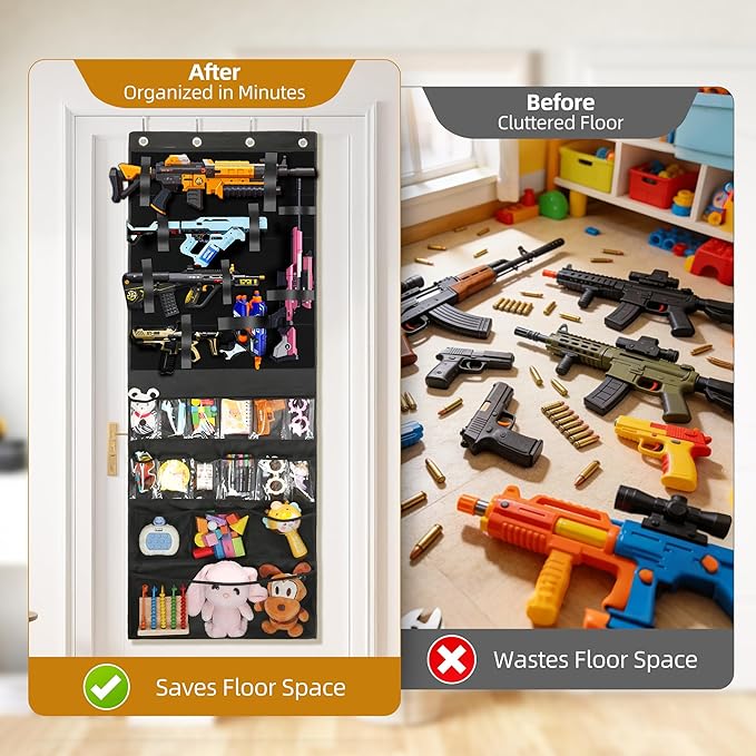 Over Door Toy Blaster Organizer for Nerf Guns, Rival, Elite & Mega - Hanging Wall Large Capacity Mesh Holder for Darts, Bullets, Goggles & Tactical Gear Bedroo, Game Room Battle Station Accessory