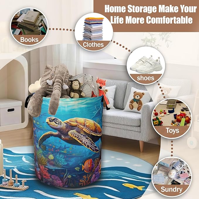Sea Turtle Laundry Basket,Waterproof FoldableTropical Coral Reef Fish Laundry Hamper,Dirty Clothes Basket, Linen Bin Storage Organizer Collection 16" x 20.8"