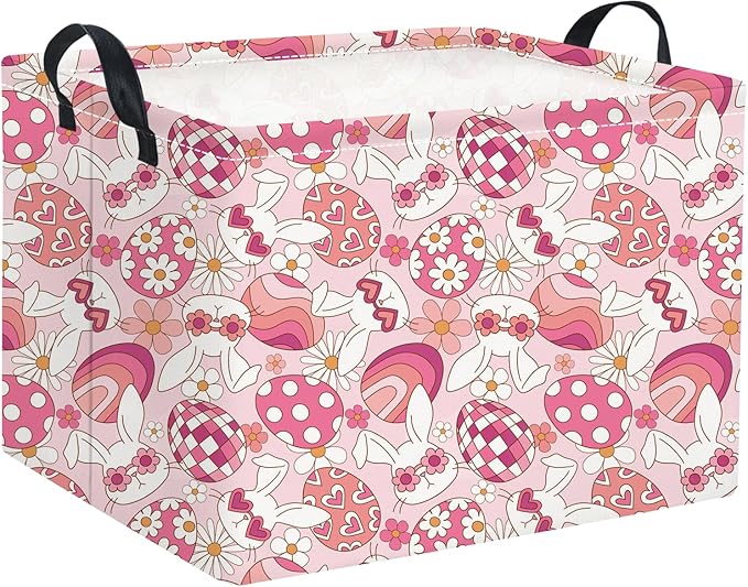 HIYAGON Rectangular Easter Basket Pink Bunny Easter Basket for Kids Gift Basket Empty Baby Girl Storage Baskets Toy Basket Cute Storage Bin Organizer Box Bunny Room Decor for Books(Pink Bunny)