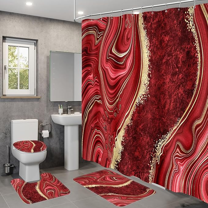 4PCS Red Marble Shower Curtain Sets with Rugs, Abstract Bathroom Sets with Shower Curtain and Rugs, Modern Bathroom Curtains Shower Set with Toilet Lid Cover Accessories for Bathroom Decor