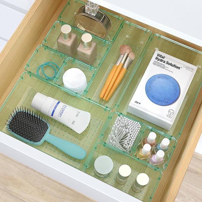 7 PCS Clear Plastic Drawer Organizers Set, 4 Size Desk Drawer Organizer Trays for Makeup, Jewelry, Kitchen Utensils, Gadgets and Office Accessories, Sea Blue