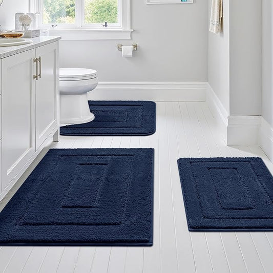 GRANNY SAYS Bathroom Rugs Sets 3 Piece, Soft Absorbent Microfiber Bath Mats for Bathroom Non Slip Washable, U-Shaped Toilet Bath Rugs for Tub Shower (Blue, 16" x 24" + 20" x 32" + U Shaped 20" x 24")