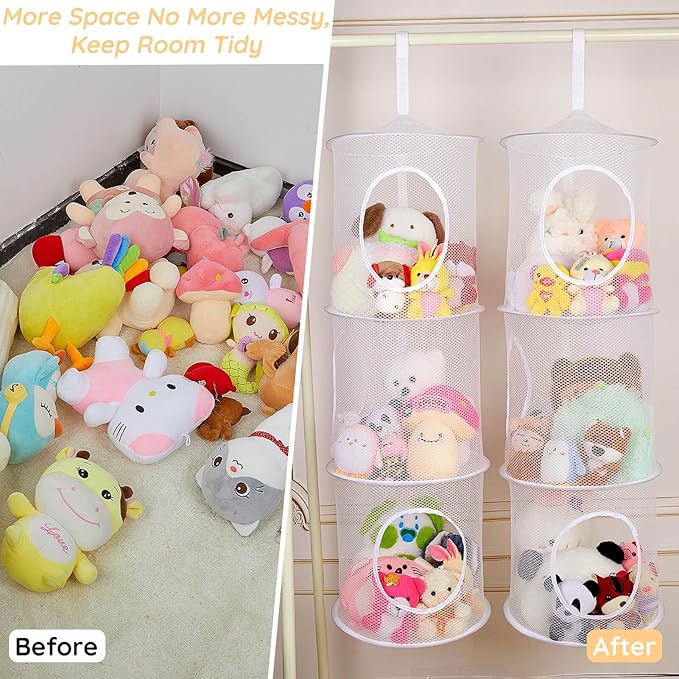 Basumee Stuffed Animals Net or Hammock 2 Pcs Stuffed Animals Storage Toy Net Hammock for Plushies Storage Organizer Mesh Kids Girls Room Decor, White, 3 Tiers