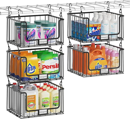 5-Tier Hanging Laundry Room Organizer with Label Cards,Foldable Wire Shelf Basket with 4 Rotating Hooks,Stacked Laundry Basket Organizer,Storage Rack for Laundry Rooms,Closet and Pantry-Black