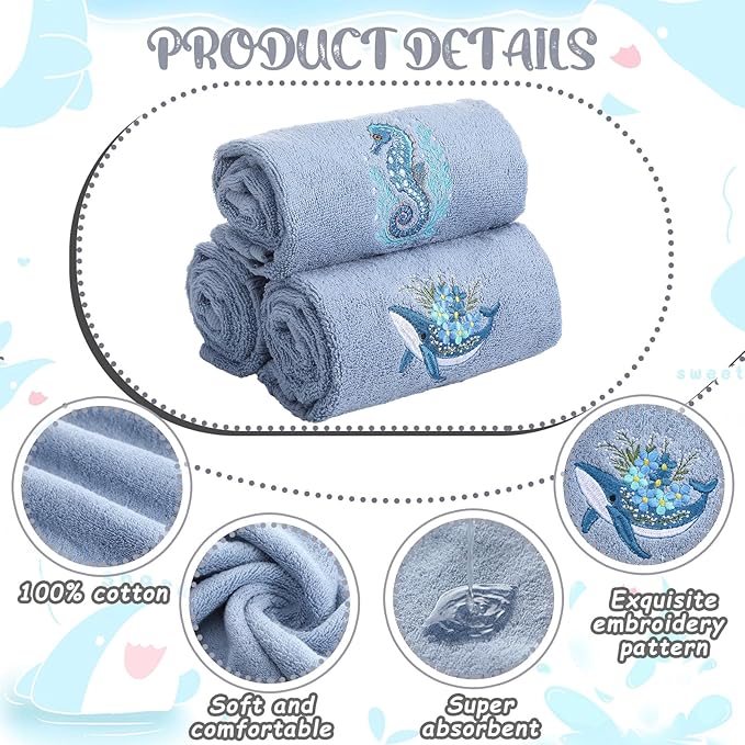 3 Pack Ocean Hand Towels for Bathroom 100% Cotton Embroidered Seahorse Jellyfish and Floral Whale Soft Absorbent Bathroom Towels Sea Coastal Hand Towel Gift for Summer Holiday, 13.78 x 29.53