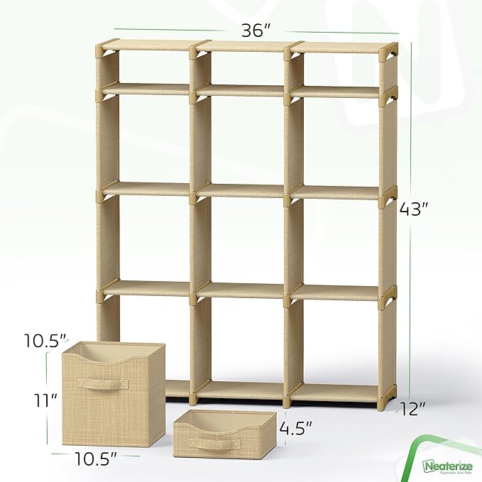 12 Cube Storage Organizer With Bins Included - Closet Storage With 12 Storage Bins - Easy To Assemble Storage Unit With Drawers - Closet Organization For Clothes, Bedroom, Nursery, & Toys (Beige)
