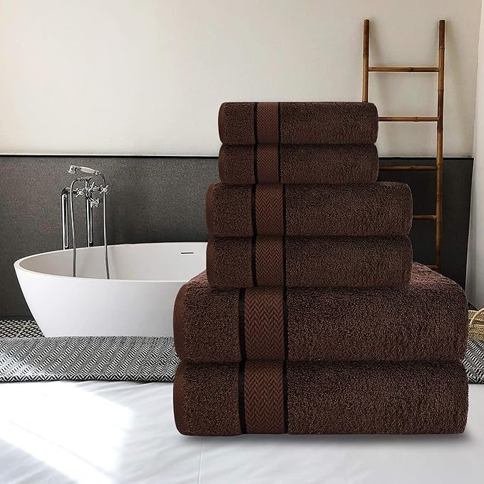6 Piece Luxury Bathroom Towels Set - 100% Cotton, Dark Brown/Chocolate, Includes 2 Bath Towels, 2 Hand Towels, and 2 Washcloths - Quick Dry, Absorbent, Plush, Soft