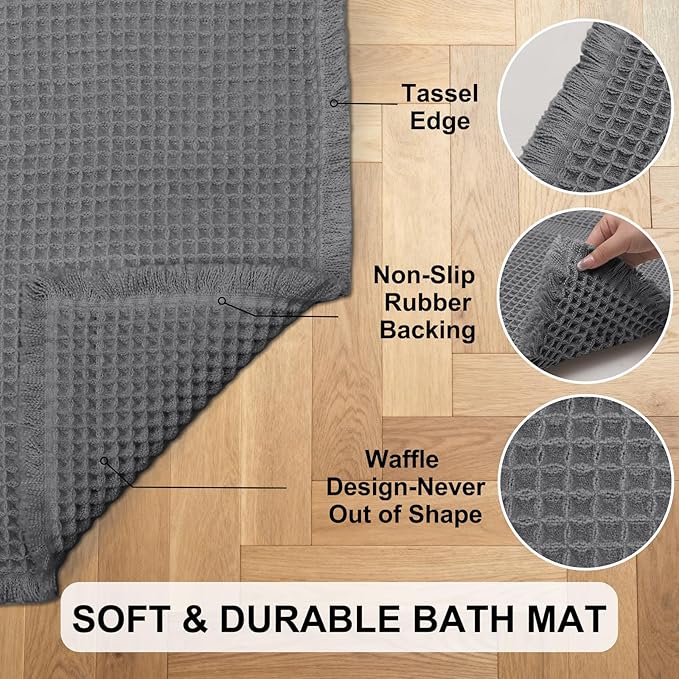 Hiasan Waffle Bath Mat, Super Absorbent Non Slip Bathroom Boho Rug with Tassels, Machine Washable Bath Mats for Bathroom, Ultra Soft Rubber Backed Rug, Dark Grey, 16 x 24 Inches