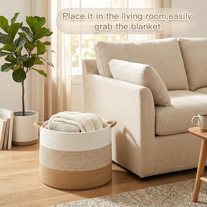 Large Natural Woven Blanket Basket, 70L Boho Decorative Cotton Rope Basket for Blankets Pillows and Toddler Toy Storage, Rope Blanket Storage for Living Room, Laundry, Nursery (Brown)