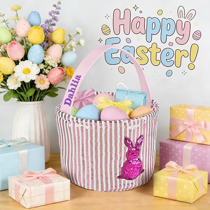 Personalized Easter Basket for Kids, Boys & Girls – Ideal for Egg Hunting & Easter Gift Storage (Pink Sequin Bunny Basket)