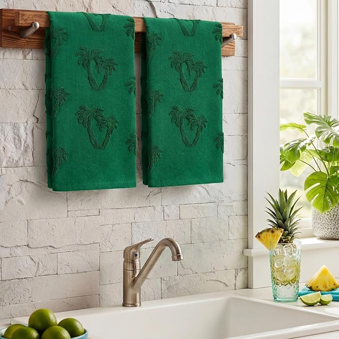 2 Pcs Tropical Palm Tree Hand Towels for Bathroom Green 100% Cotton Jacquard Weave Hand Towels Absorbent Soft for Spring Summer Home Bathroom Kitchen Decor, 29.5 x 13.8 Inch
