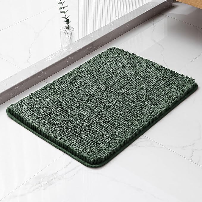 Hunter Green Bathroom Rugs 17"x24" - Plush Chenille Non-Slip Bath Mat - Absorbent, Washable, Soft and Thick Decor for Shower, Sink, Kitchen, Tub, Home Accessories