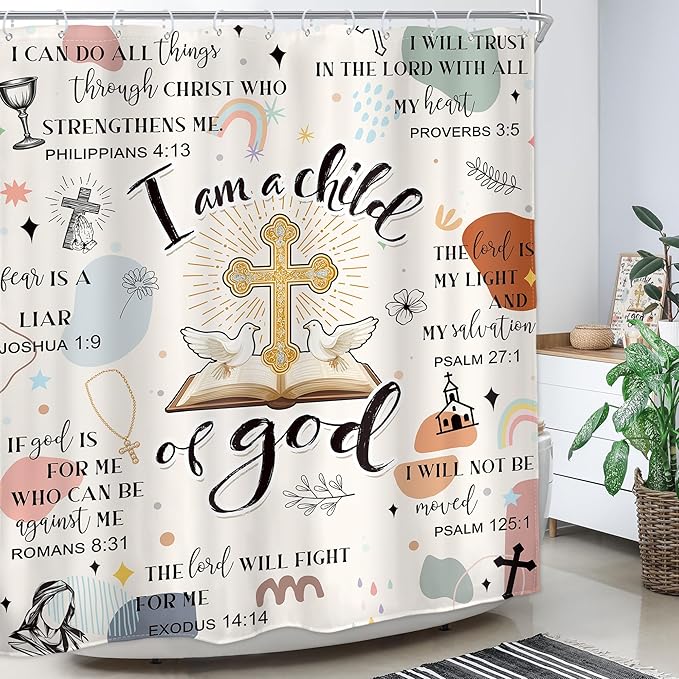 Homewelle Christian Bible Verse Shower Curtain Kids Boho Mid Century Inspirational Quotes Cross Abstract Motivational Positive Scripture 60Wx72H Inch Waterproof Polyester Fabric Bathroom Bathtub
