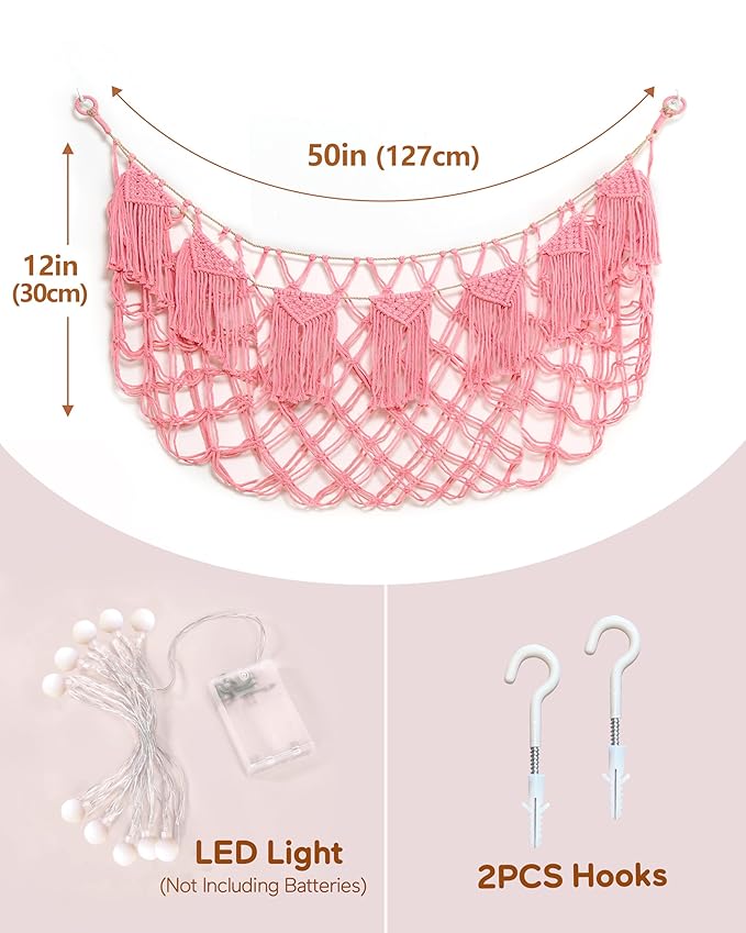 Macrame Stuffed Animal Hammock Toy Storage with Lights - Small Wall Net Toys Storage Stuff Animal Organizer Holder,Pink Room Decor for Teen Girls,Boho Nursery Bedoom Decor Aesthetic
