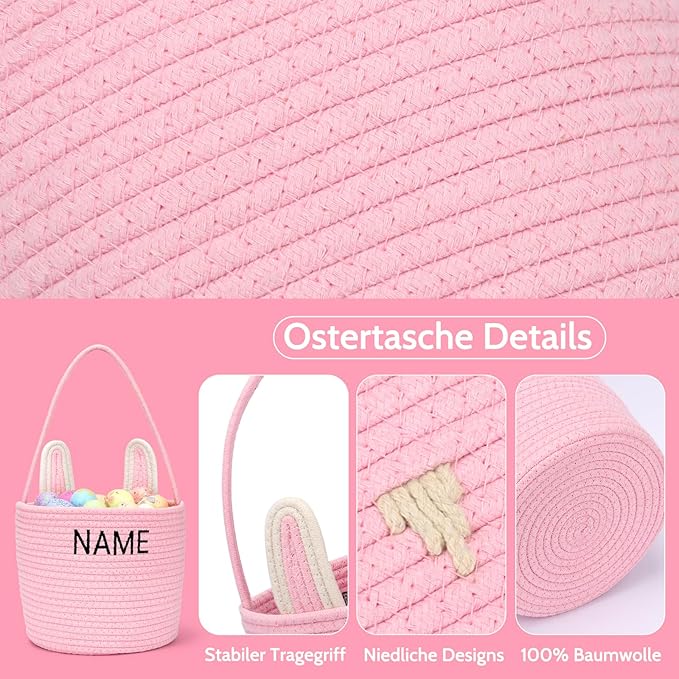 Personalized Easter Basket for Kids with Name - Custom Cute Embroidery Easter Bunny Rope Basket for Boys Girls, Easter Egg Hunt Basket (Pink)