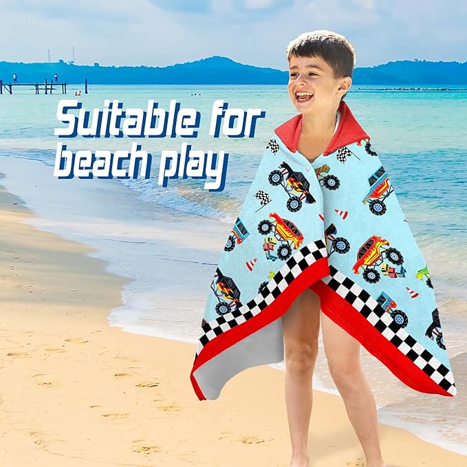 Hooded Towels for Kids -Monster Toddler Beach Towel- Super Absorbent & Quick Dry 100% Cotton 30x50 Inch - to Kid Ages 3-10-Truck Cars Swim Towels