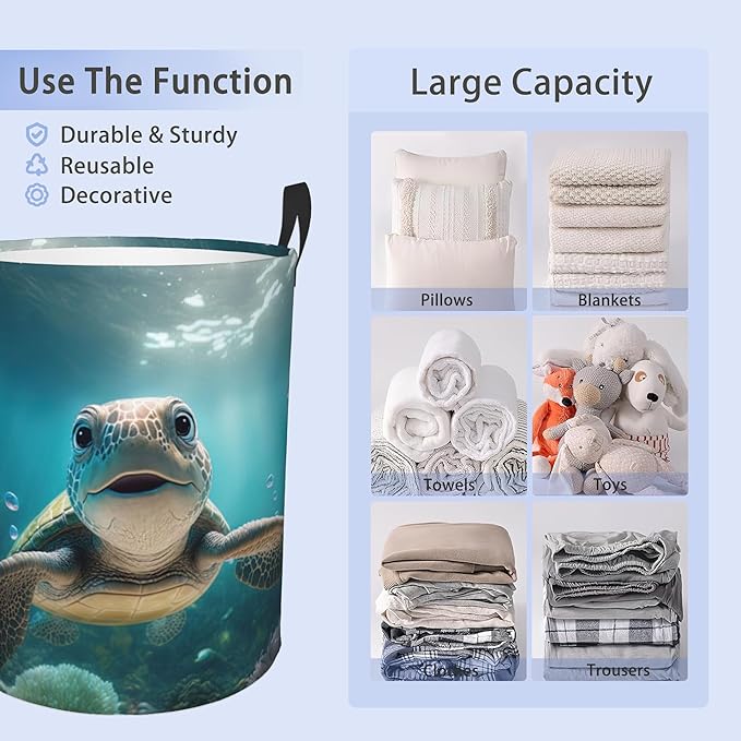 Laundry Basket, Dirty Clothes Basket, Foldable Waterproof Oxford Cloth Storage Basket for Bedroom, Bathroom, Clothes,Large Storage Basket Home Decoration(Sea Turtle)