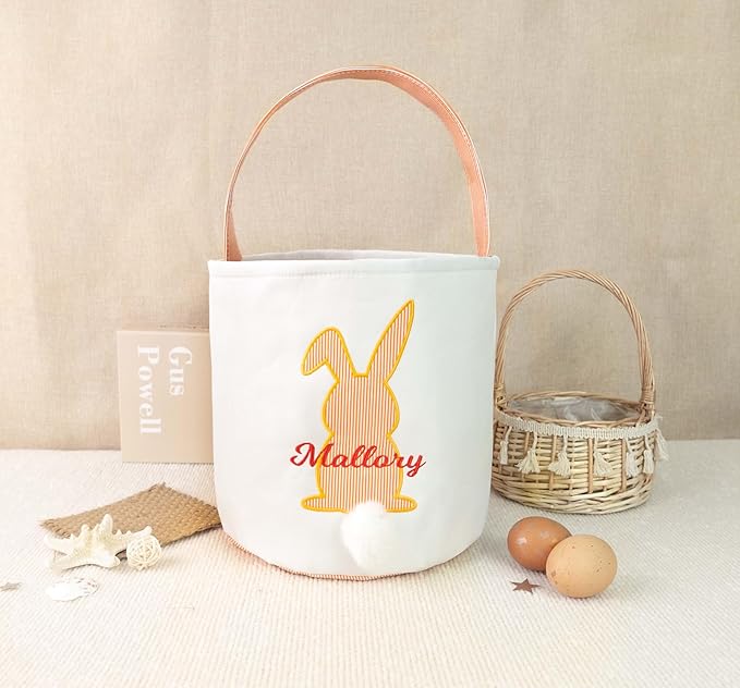 MT WORLD Easter Bunny Basket Personalized Easter Egg Bucket for Kids with Name Canvas Rabbit Toy Baskets for Toddler Boys Girls Easter Egg Hunts Decorations Candy Gifts Storage Basket (Orange Stripe)