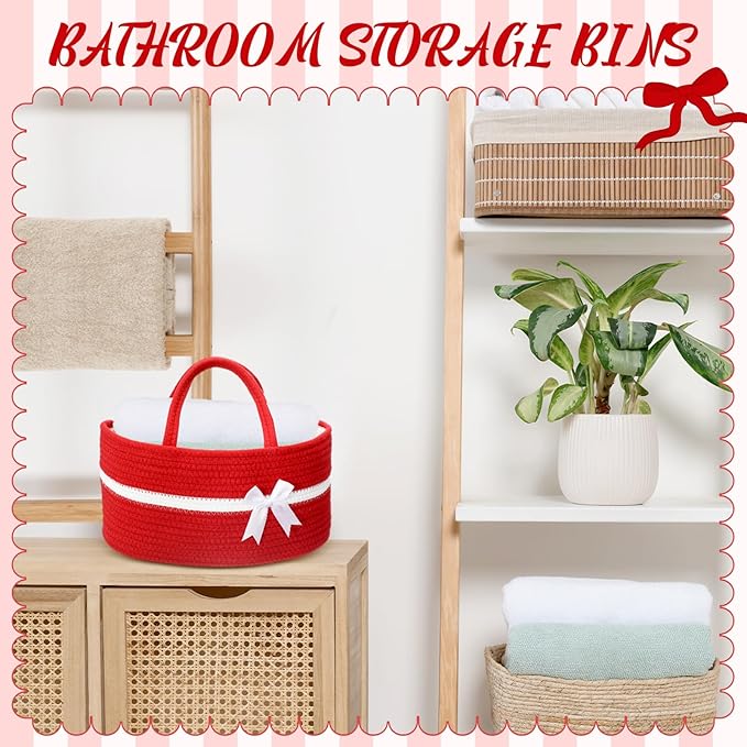 Yinkin 1 Pcs Valentine's Day Woven Large Storage Basket with Handles and Removable Divider Gift Baskets with Bow for Closet Bedroom Nursery Toys Organizing, 14.17 x 8.66 x 7.09 Inches(Red and White)