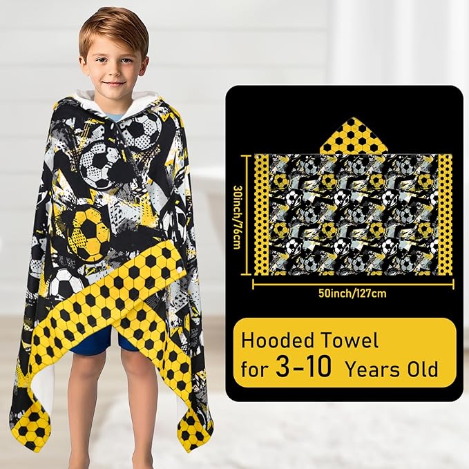 Hooded Towels for Kids Soccer 50" x 30" Toddler Bath Beach Towel Poncho with Hood Super Soft and Absorbent 100% Microfiber for Boys Ages 3-10