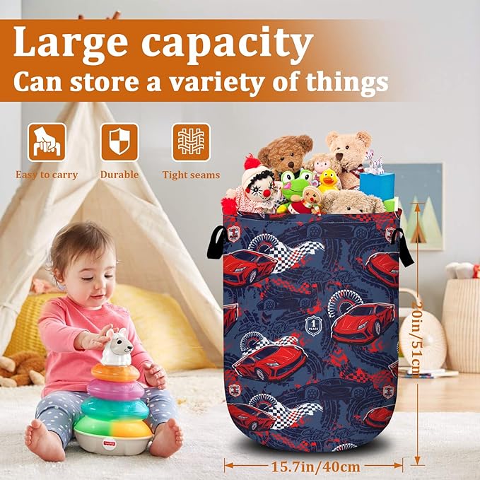 Red Racing Car Laundry Basket with Sturdy Handles, Speed Race Car Collapsible Oxford Cloth Laundry Hamper Organizer Basket for Bathroom Bedroom 15.7x20 Inch