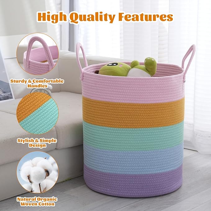 Woven Basket Nursery Laundry Hamper with Handles, Clothes Storage Organizer, Woven Basket for Boy Room Decor, Toy & Blanket Storage Bin, 15x15x18 Inch, Colorful, 1pc