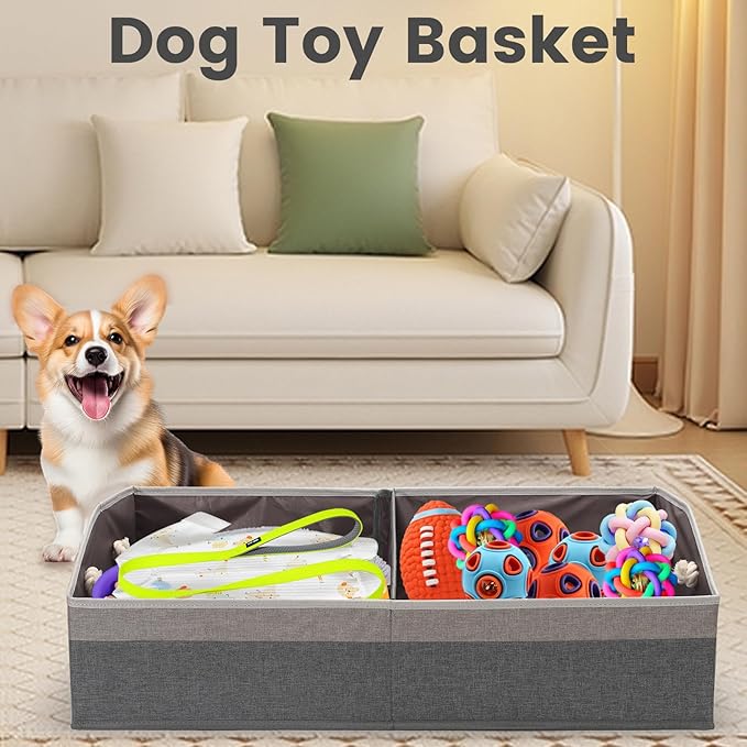 Large Dog Toy Basket With Handle, Foldable Dog Toy Box for Living Room Area, 28.5" Basket for Dog‘s Toys, Clothes, Organizers and Storage with Hard Board, Anti-slip for Pet Toys (Gray, Large)