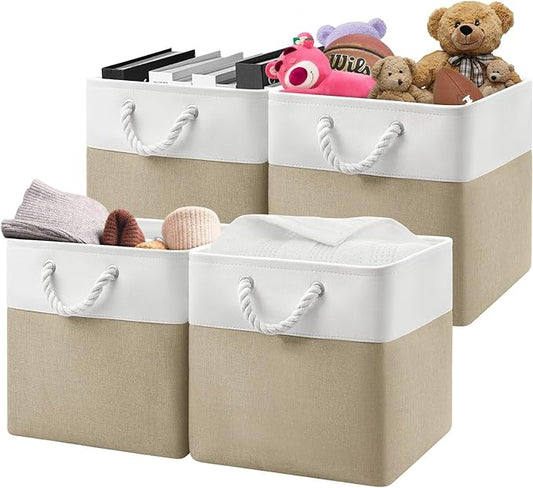 13x13x13 Cube Storage Bins,4 Pack Large Foldable Fabric Storage Cubes with Handles for Organizing Home, Closet, Shelf, Office(White&Khaki)