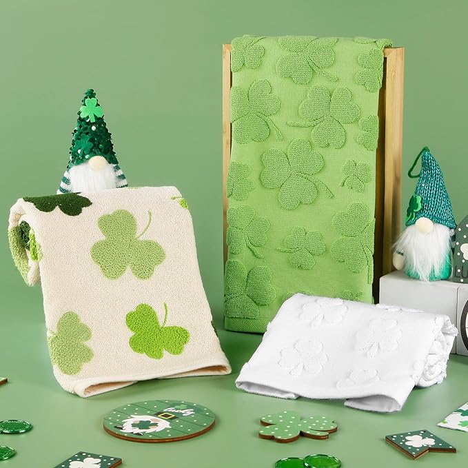 2 Pack St. Patrick's Day Hand Towels Green Clover Shamrocks Melody 100% Cotton Soft Absorbent Decorative Bathroom Towels Set for Kitchen Bath Pool Gym, 13.7'' x 29.5''