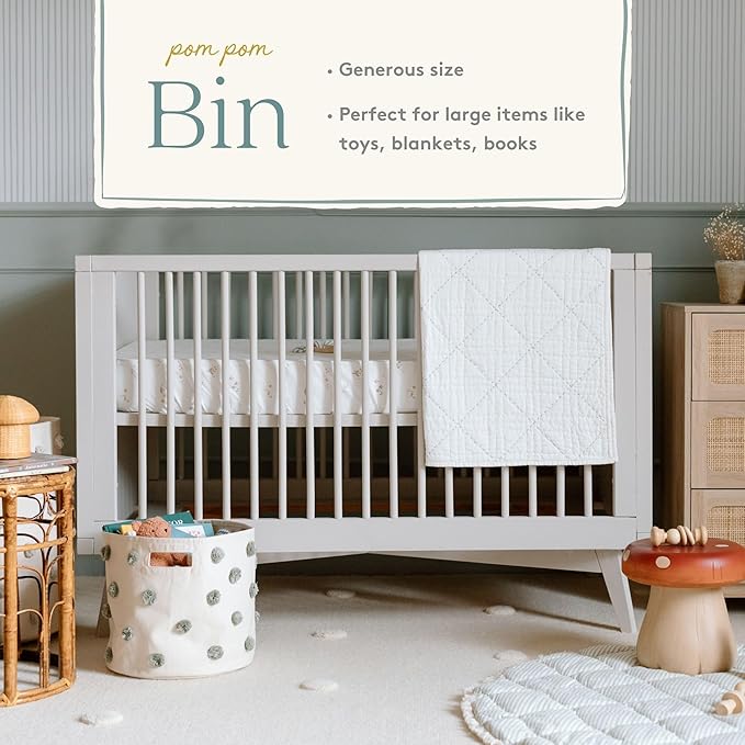 Pehr Pom Pom Trio Bundle, Grey | Bin, Pint & Mini | 100% Cotton Canvas, Handmade Decorative Organizers | Stylish Nursery & Playroom Storage, Durable & Functional